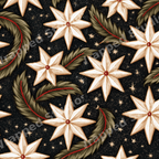 Vintage Christmas star pattern with green pine branches on a starry black background.