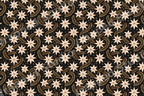 Elegant vintage Christmas star pattern with cream stars and pine branches on a black starry background.