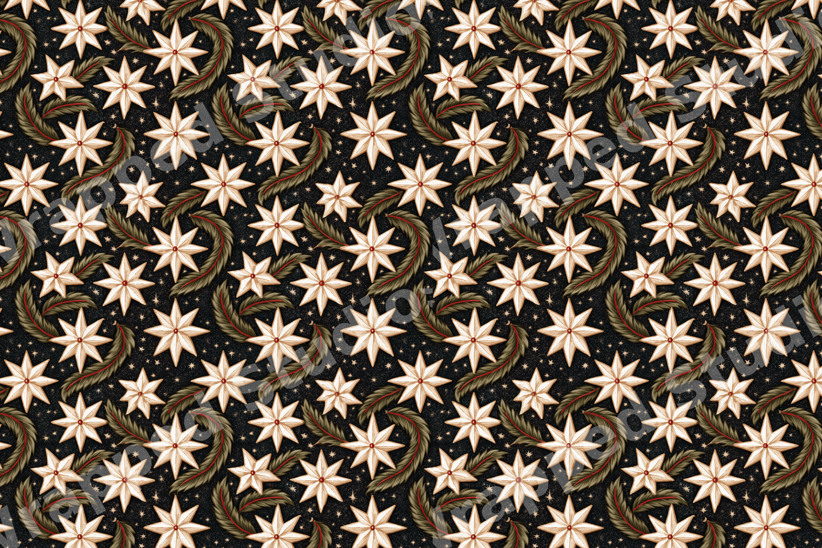 Elegant vintage Christmas star pattern with cream stars and pine branches on a black starry background.