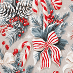 Festive vintage Christmas pattern featuring snowy pine cones, red candy canes, and striped bows.