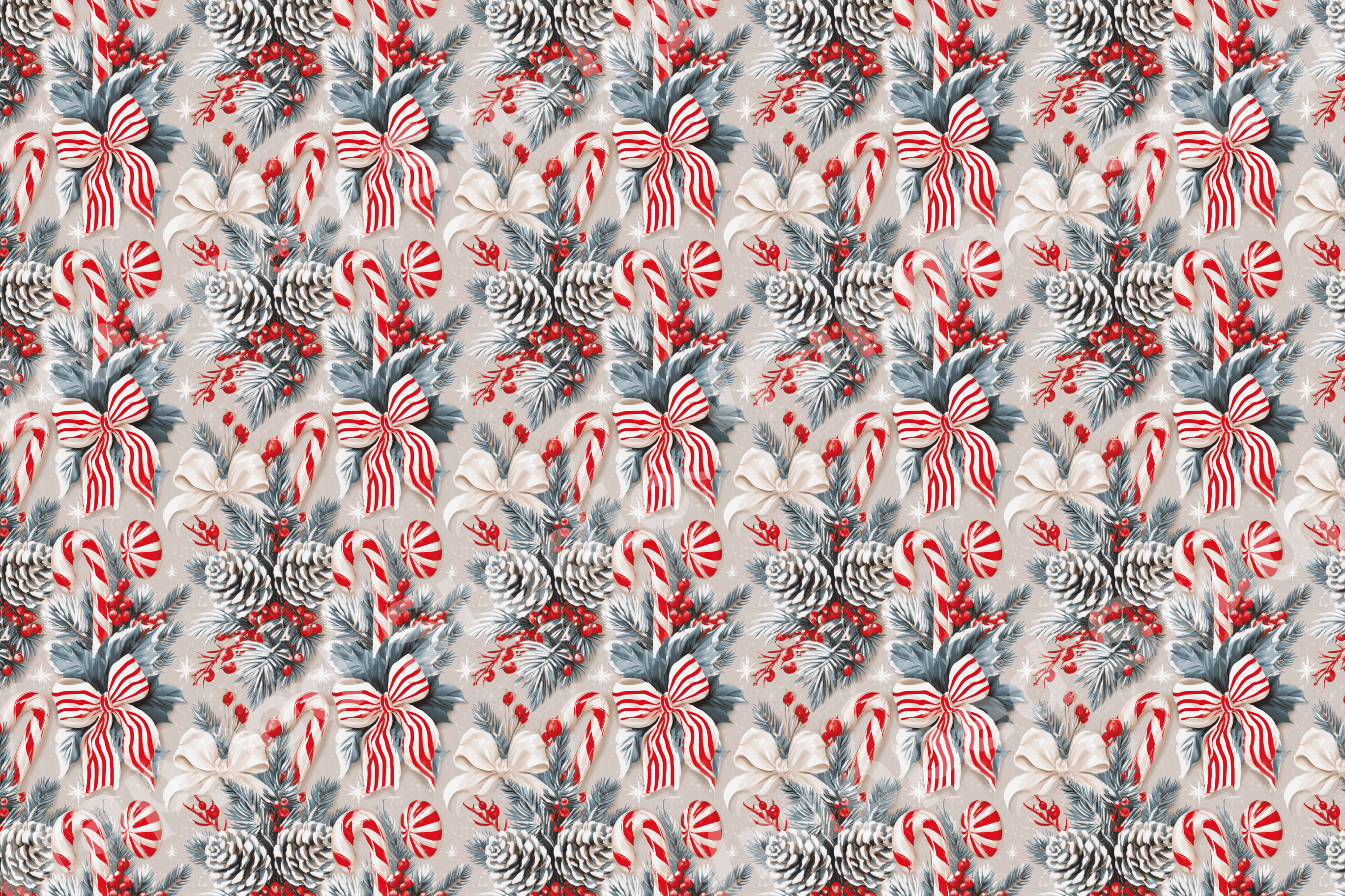 Vintage Christmas botanical pattern featuring candy canes, pinecones, and red berries on a beige background.