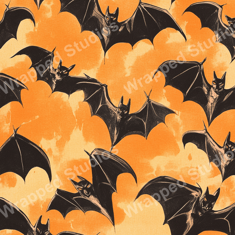 Seamless Halloween pattern with illustrated bats on an orange backdrop.