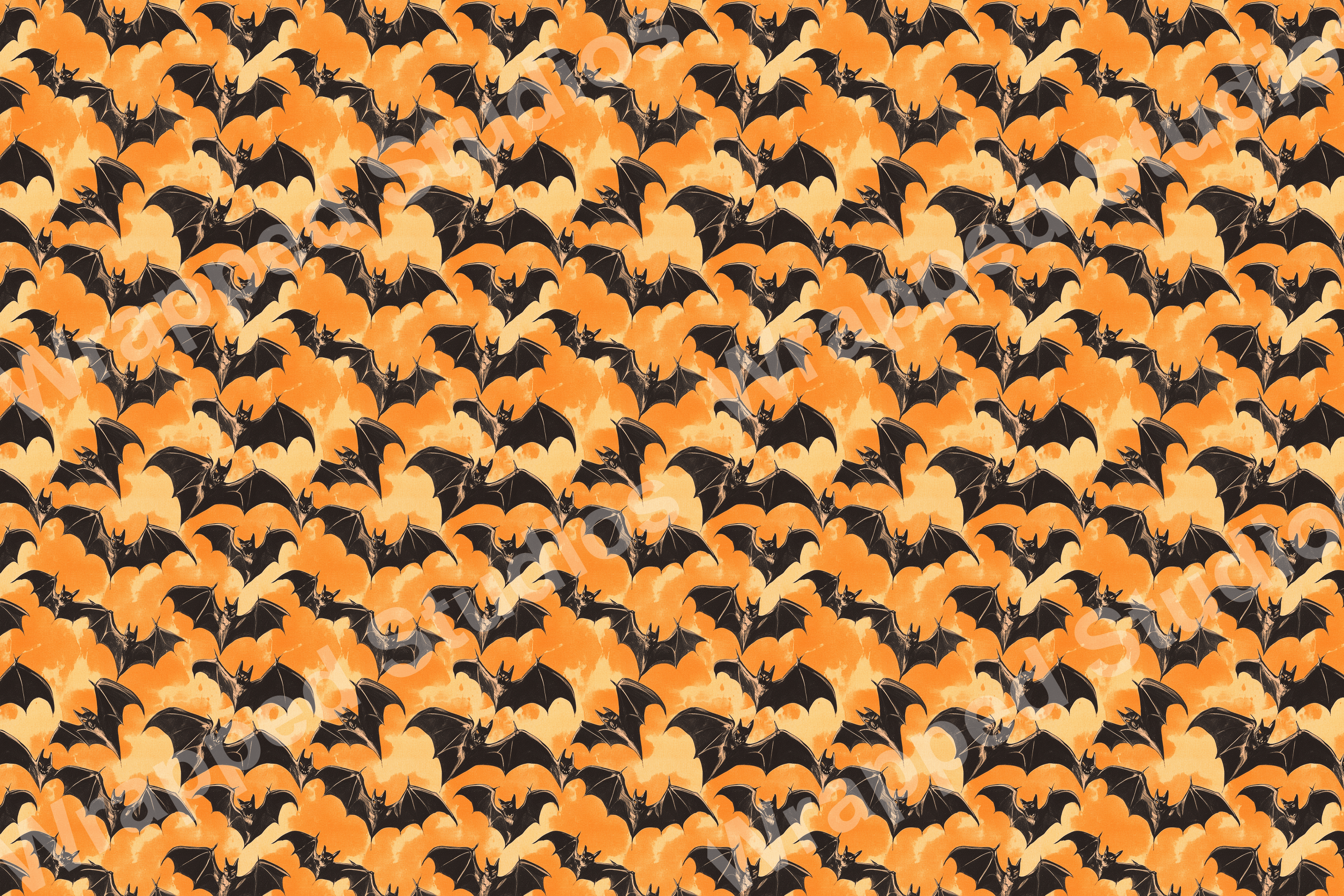 Whimsical bat pattern in black on a blended gradient background of orange and cream.