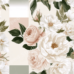 Vintage botanical floral pattern with elegant white peonies, blush roses, and sage green leaves.