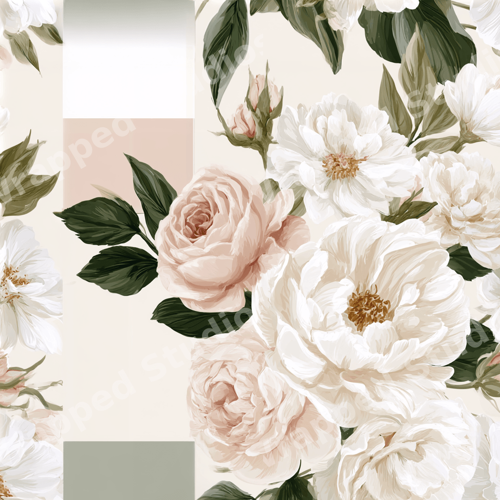 Vintage botanical floral pattern with elegant white peonies, blush roses, and sage green leaves.