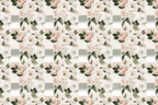 Elegant vintage botanical floral pattern with blush pink roses and a sage green gingham grid.
