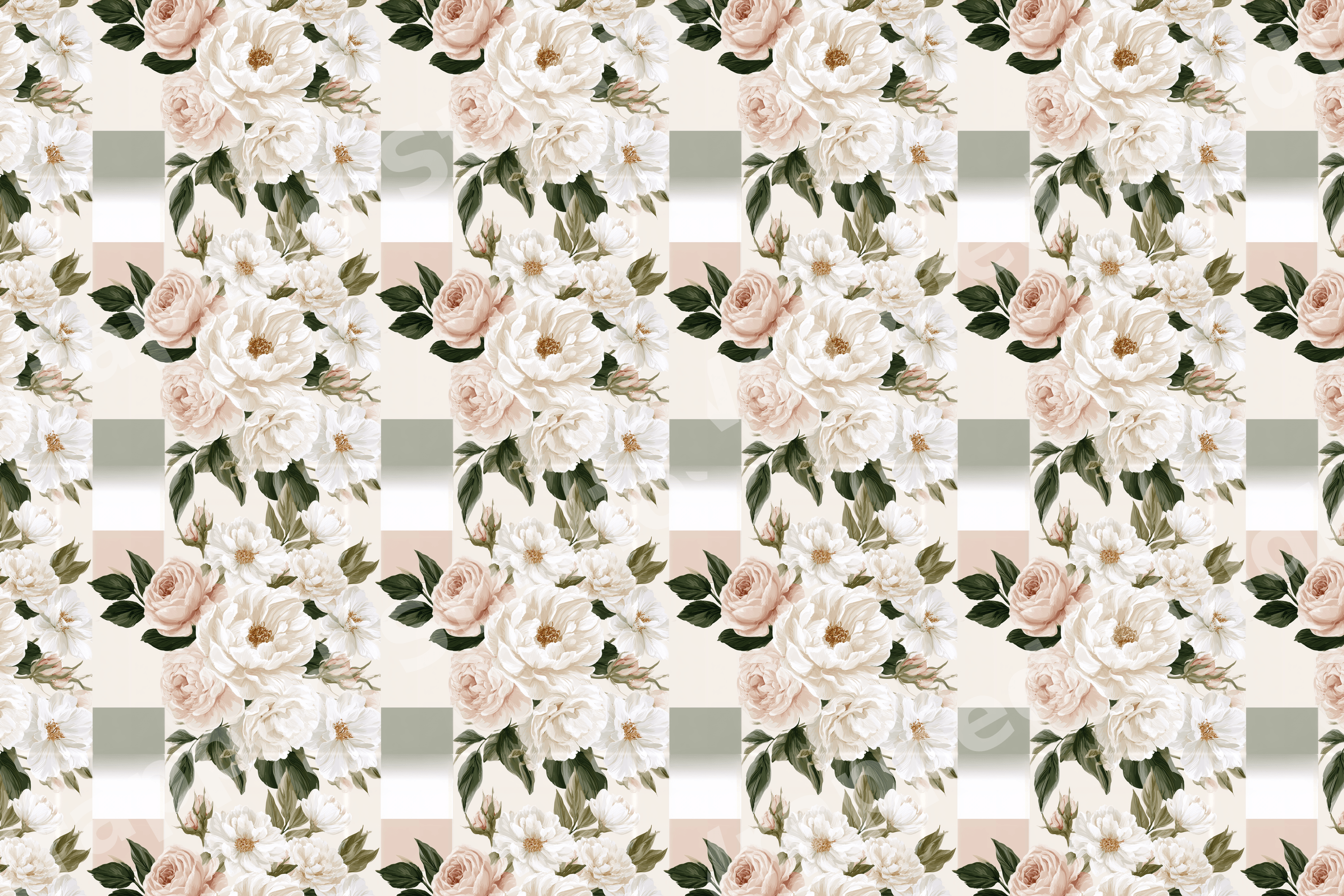 Elegant vintage botanical floral pattern with blush pink roses and a sage green gingham grid.