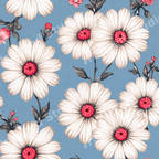 Vintage botanical floral pattern with large white daisies and red centers on a dusty blue background.