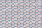 Vintage daisy floral pattern with white flowers and pink centers on a dusty blue background.