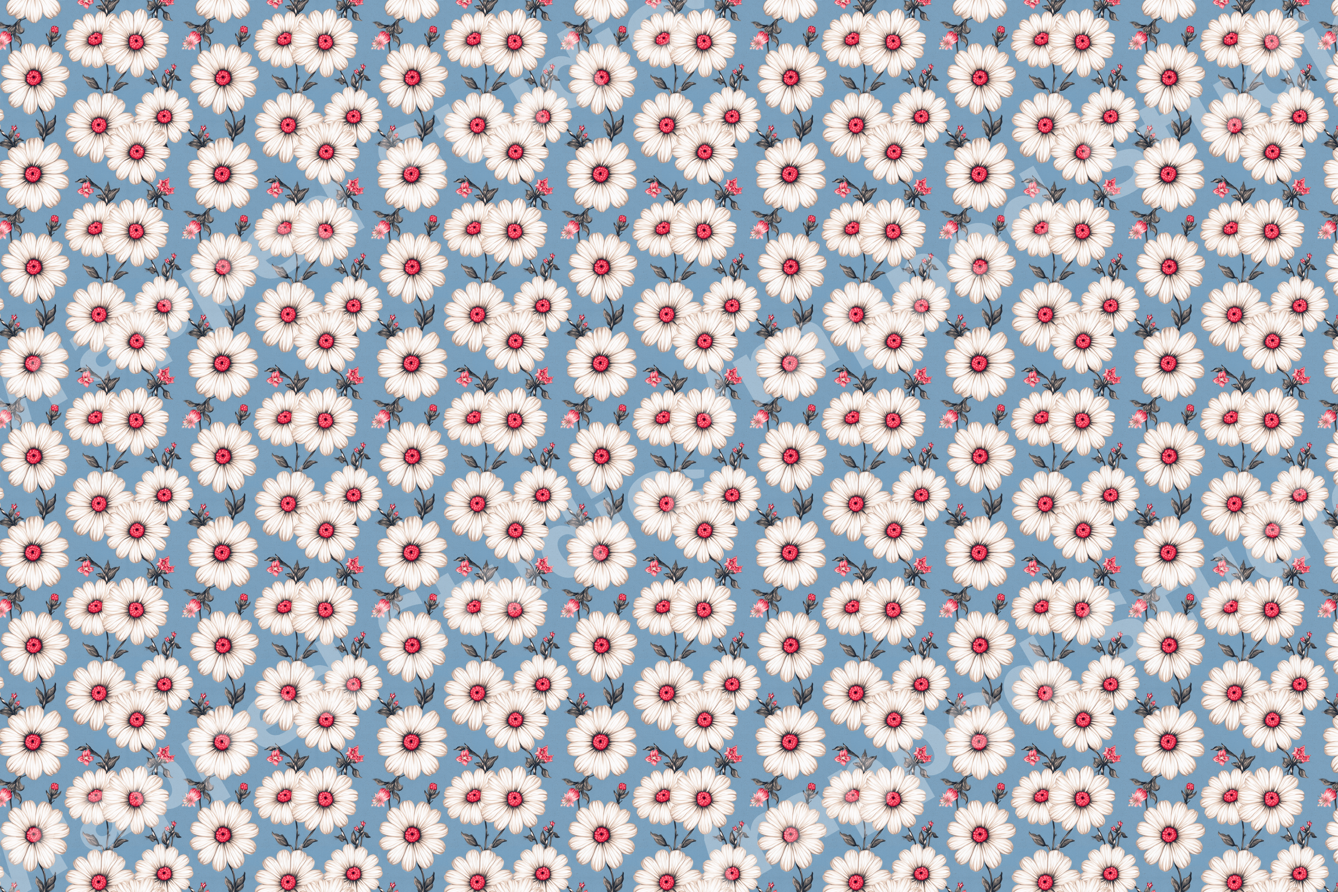 Vintage daisy floral pattern with white flowers and pink centers on a dusty blue background.