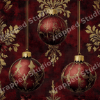 Elegant vintage Christmas pattern featuring gold filigree ornaments on a deep burgundy damask background.