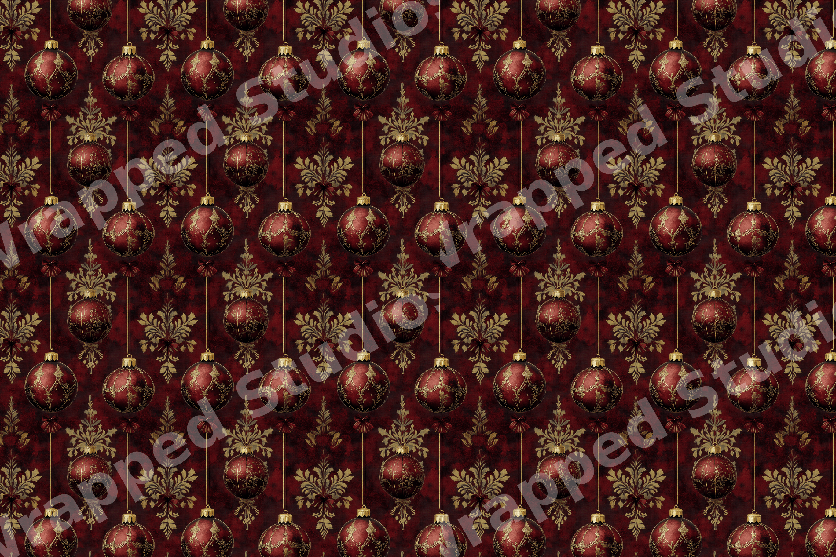 Elegant Christmas pattern with red and gold ornaments and vintage damask motifs on a deep red background.