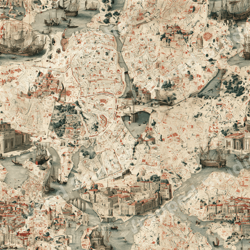 Vintage antique map pattern featuring historic coastal cities, old ships, and canals in warm sepia tones.