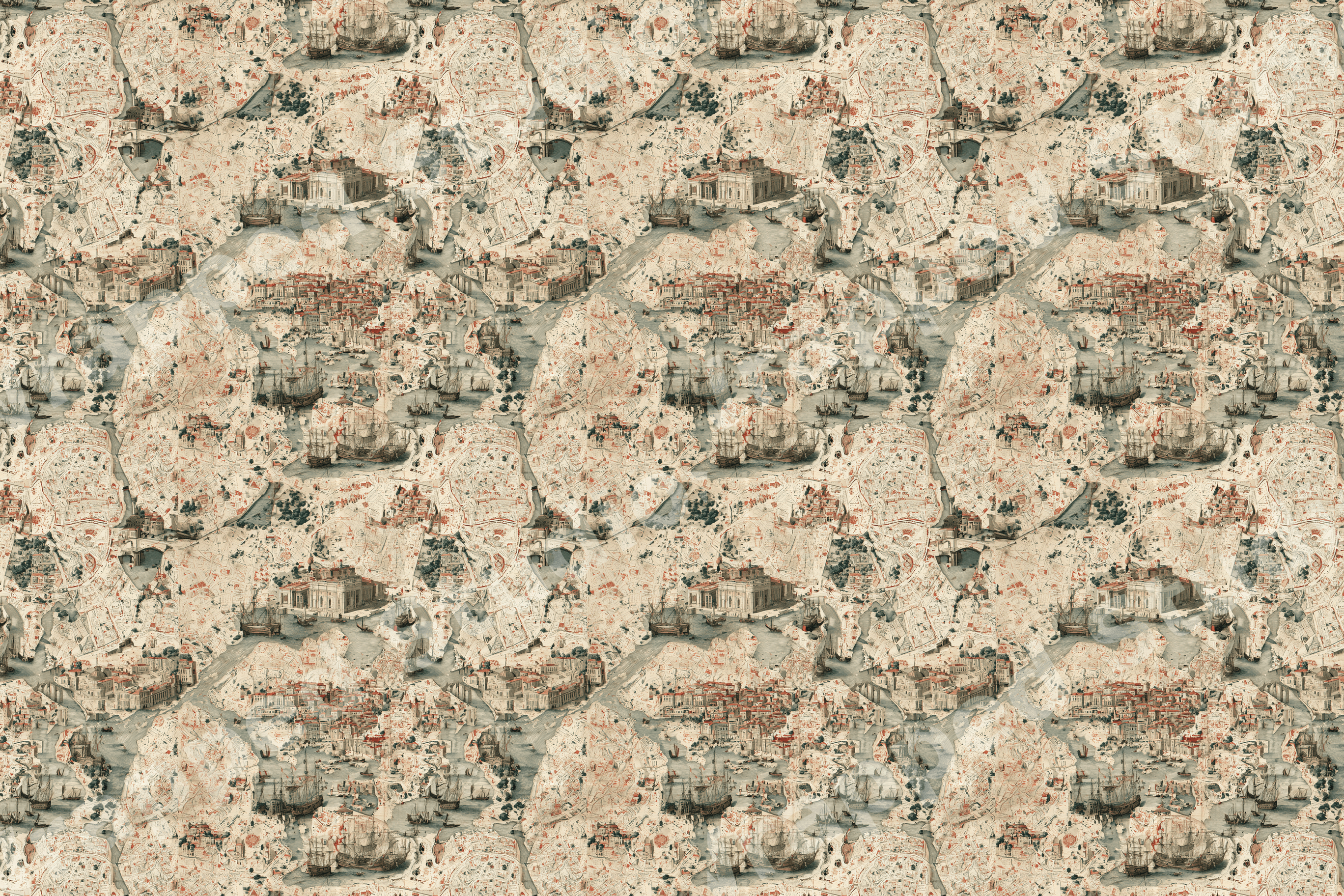 Vintage map pattern featuring antique sailing ships and historic coastal harbors in muted sepia tones.