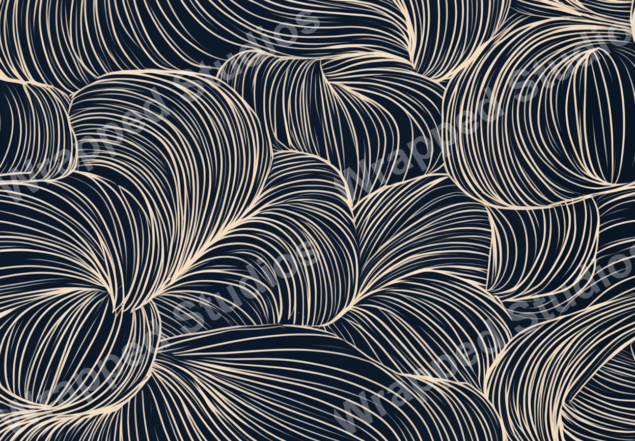 Elegant abstract pattern with flowing beige lines on a dark blue background.