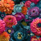 Moody floral pattern with seamless vibrant teal, orange, and pink painterly botanical blooms.