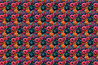 Vibrant dark floral pattern featuring dense pink, orange, and teal blooms in a moody botanical print.