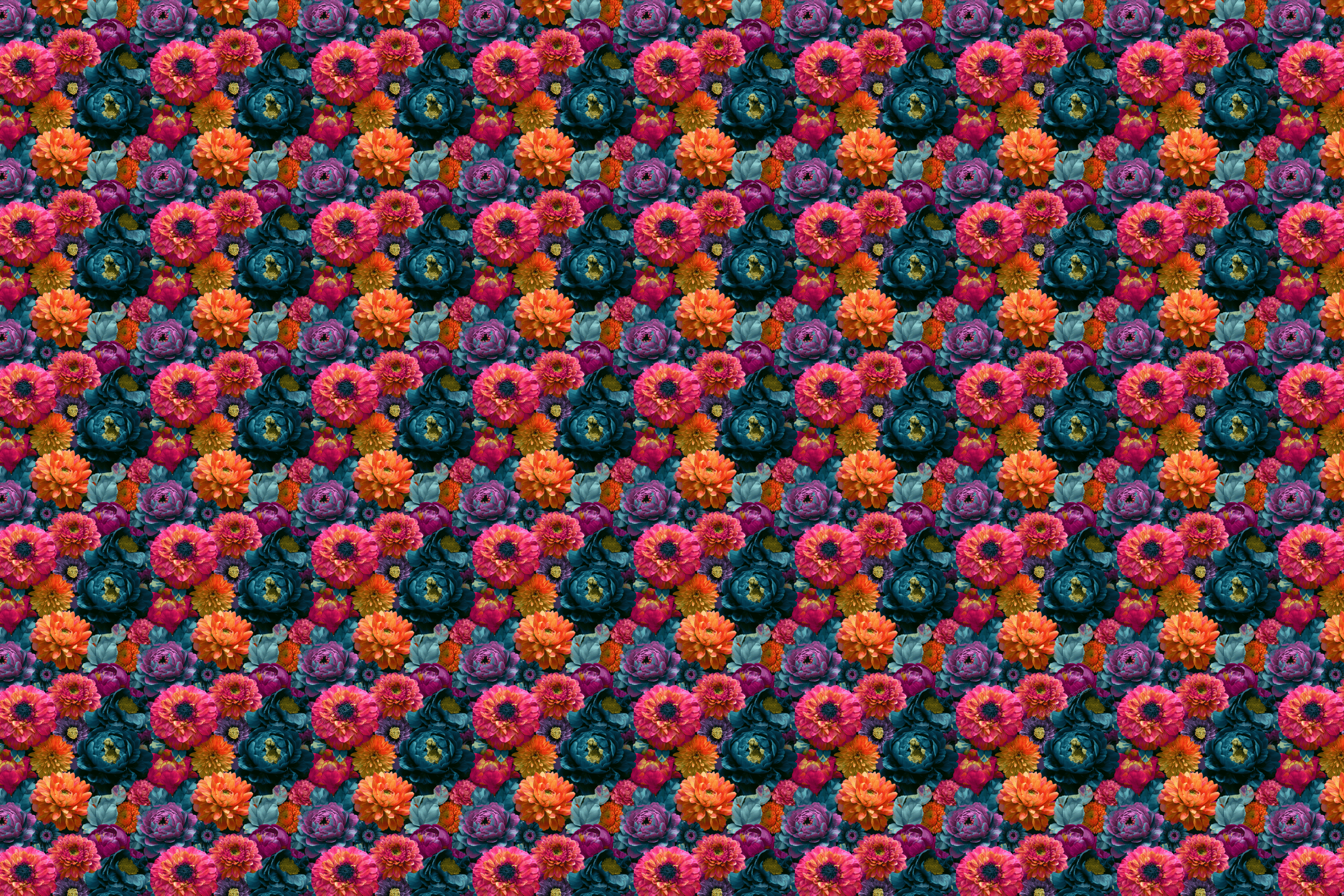 Vibrant dark floral pattern featuring dense pink, orange, and teal blooms in a moody botanical print.