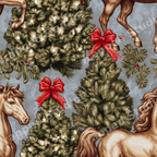 Vintage equestrian Christmas pattern featuring golden horses, lit pine trees, and red bows.