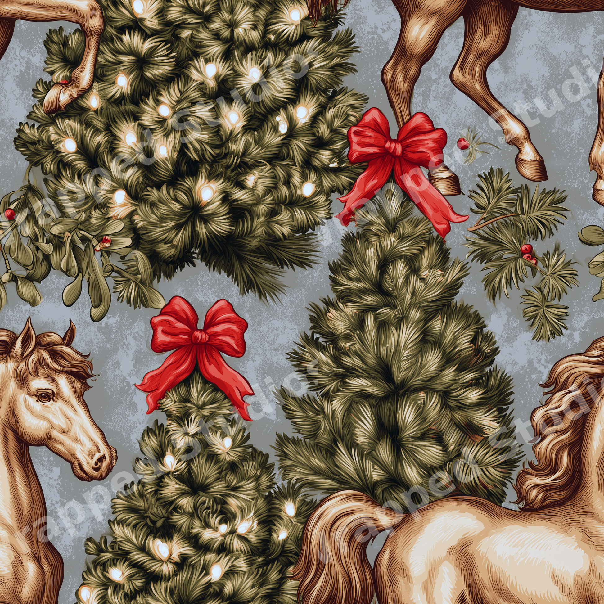 Vintage equestrian Christmas pattern featuring golden horses, lit pine trees, and red bows.