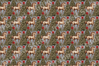 Vintage equestrian Christmas pattern featuring golden horses and decorated pine trees on a grey background.