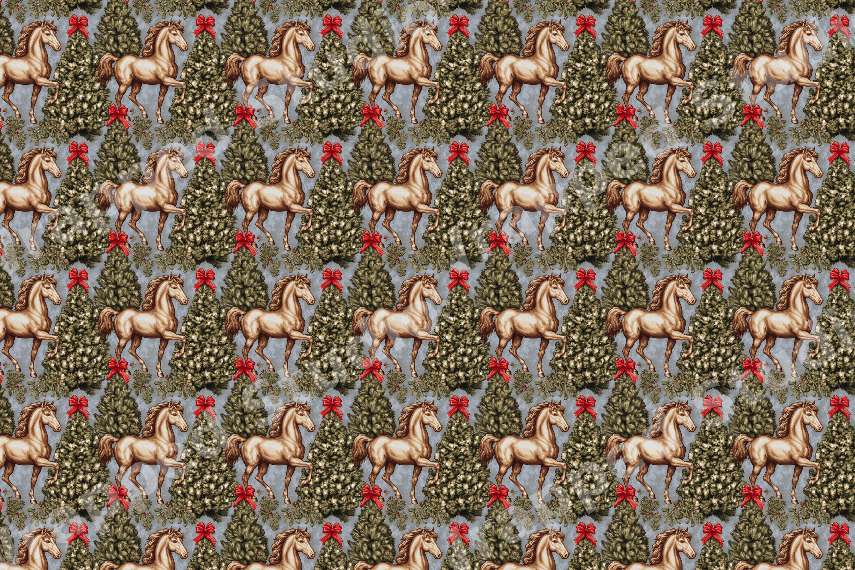 Vintage equestrian Christmas pattern featuring golden horses and decorated pine trees on a grey background.