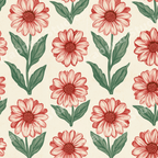 Vintage botanical floral pattern featuring red daisy flowers and green leaves on a cream background.