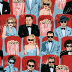 Vintage Hollywood movie theater pattern featuring illustrated retro actors in sunglasses with popcorn.