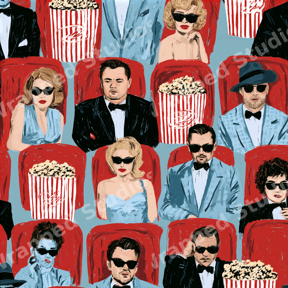 Vintage Hollywood movie theater pattern featuring illustrated retro actors in sunglasses with popcorn.