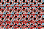 Vintage Hollywood cinema pattern featuring illustrated theater audience, popcorn, and red seats.