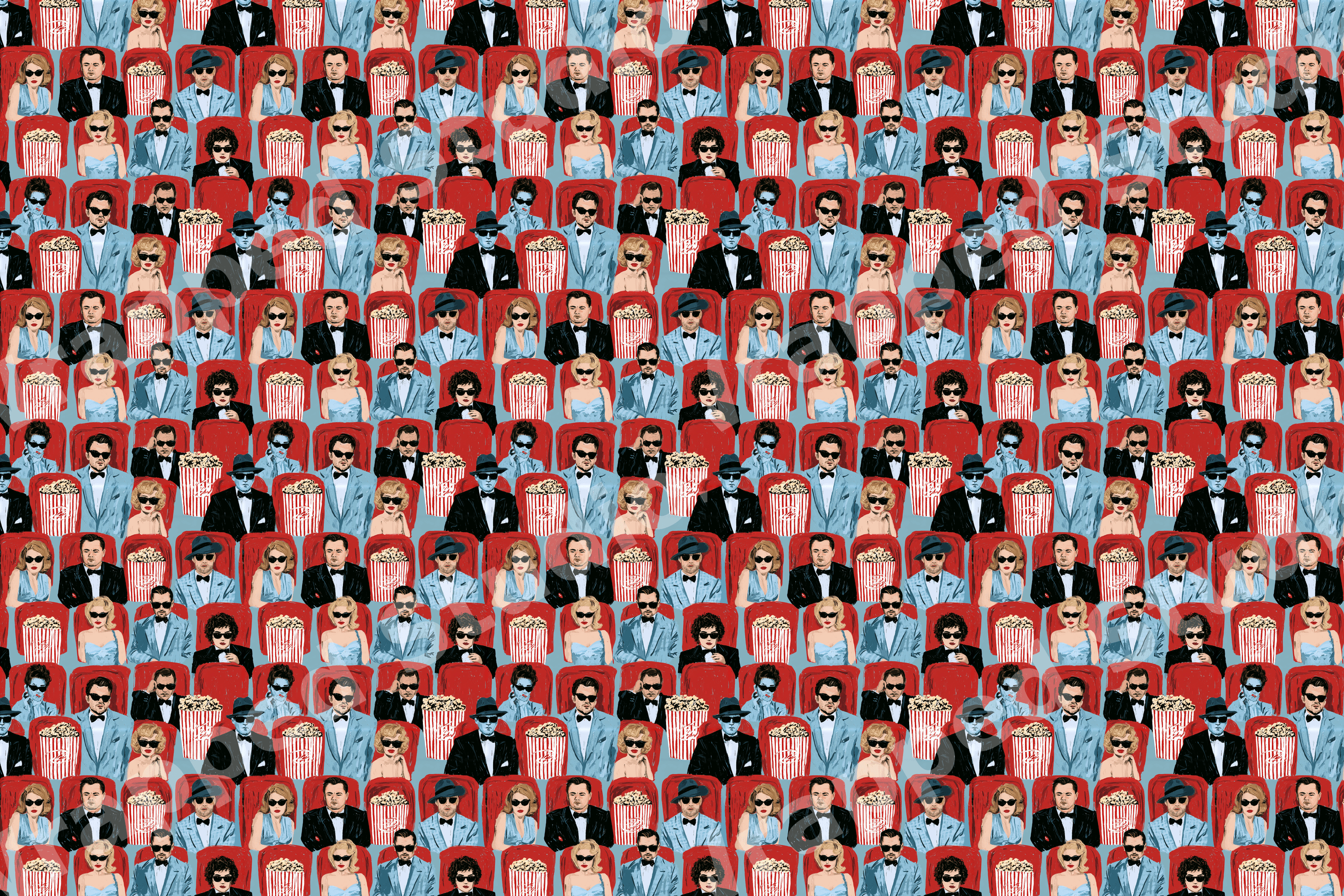 Vintage Hollywood cinema pattern featuring illustrated theater audience, popcorn, and red seats.