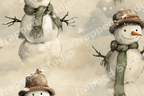 Vintage watercolor snowman pattern with cute snowmen in green scarves and hats on a beige snowy background.