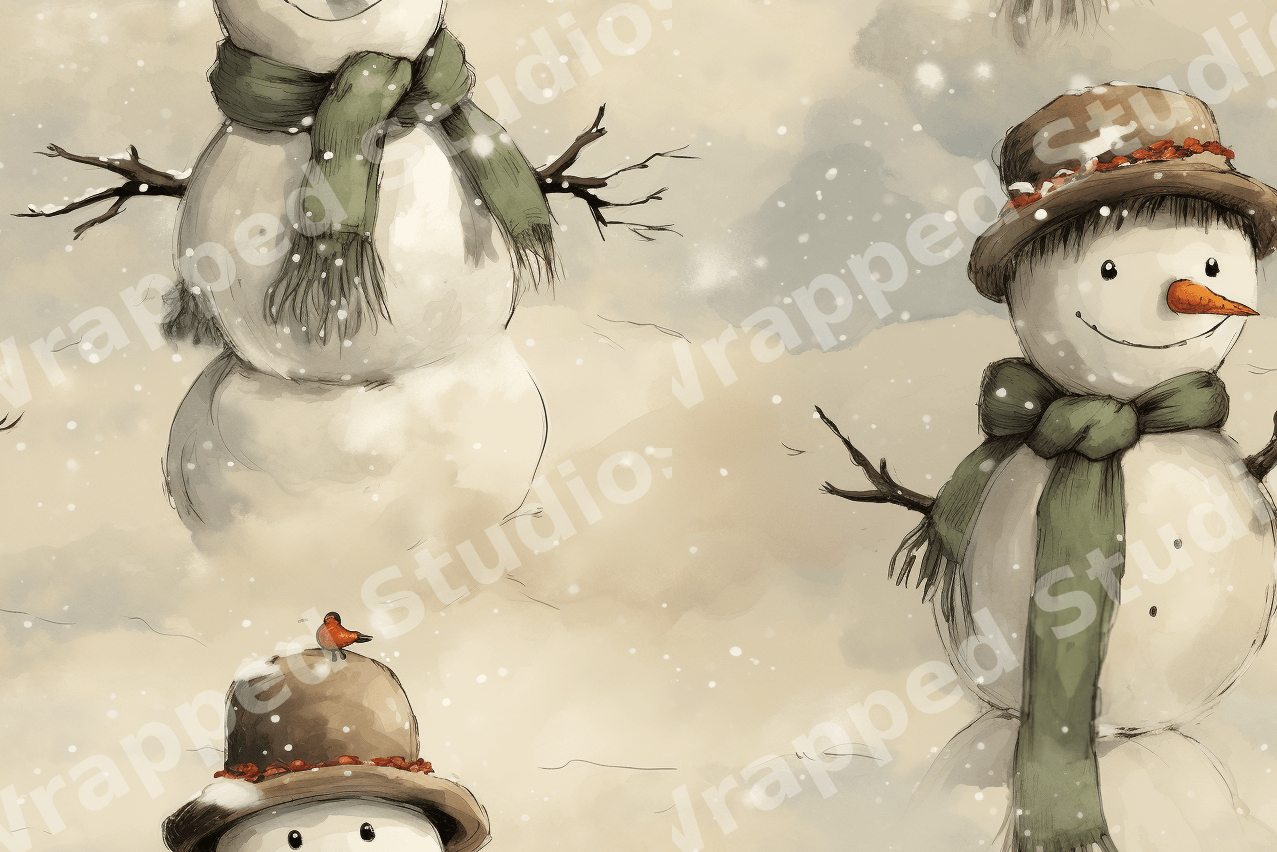 Vintage watercolor snowman pattern with cute snowmen in green scarves and hats on a beige snowy background.