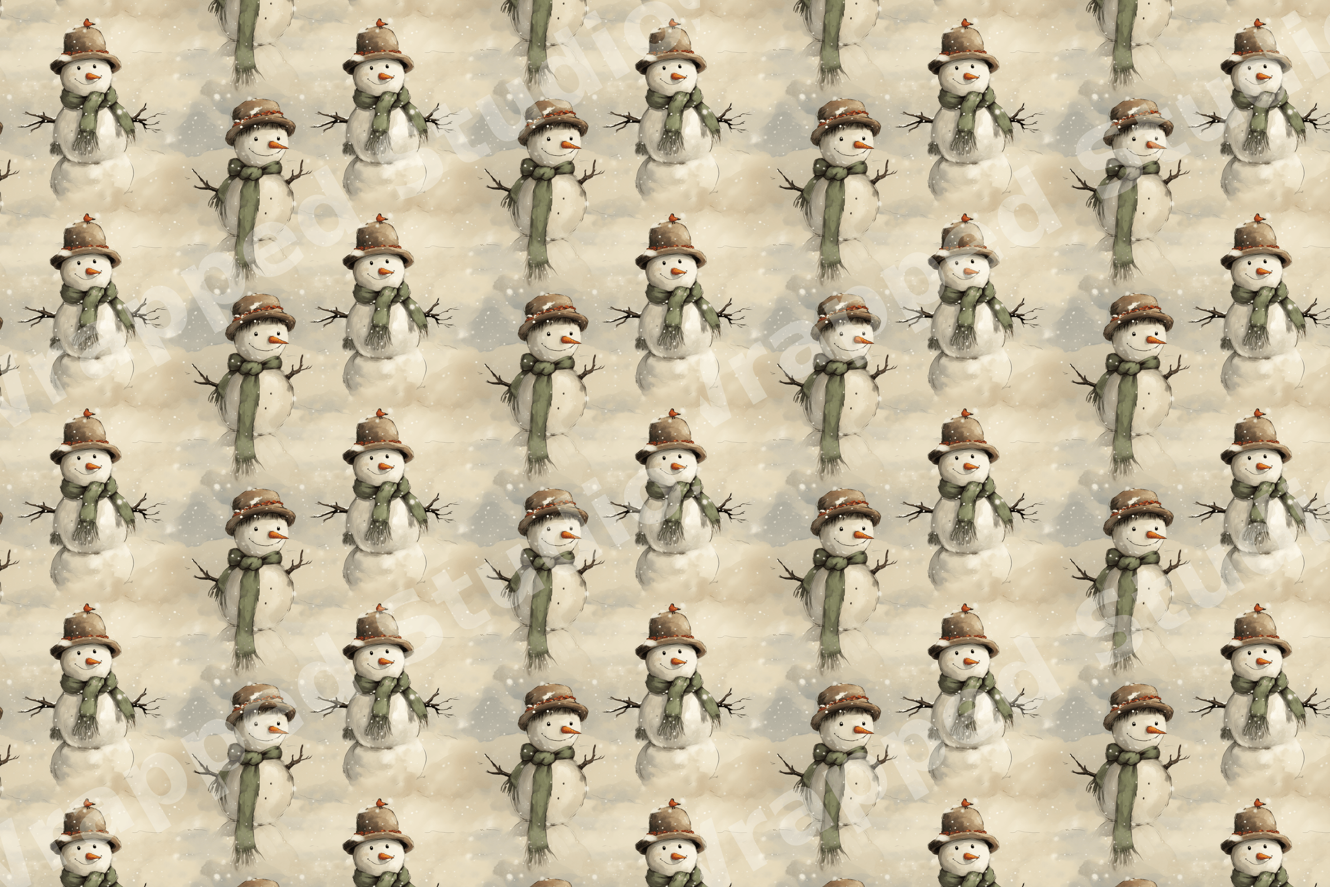 Seamless winter pattern featuring vintage watercolor snowmen in green scarves on a warm beige background.
