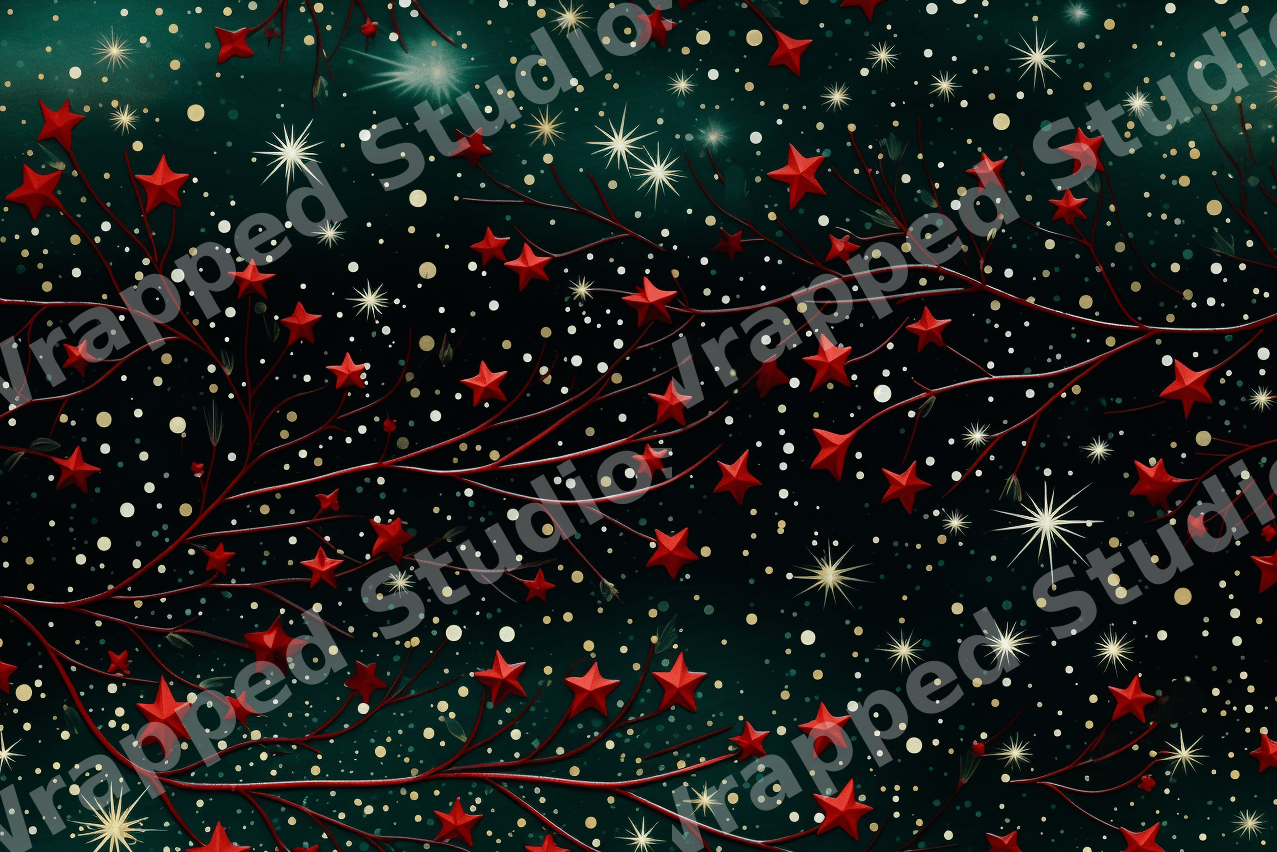 Elegant holiday pattern with red star branches and gold stardust on a dark teal background.
