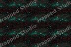 Elegant Christmas pattern with red stars on delicate branches and gold sparkles over a dark green background.