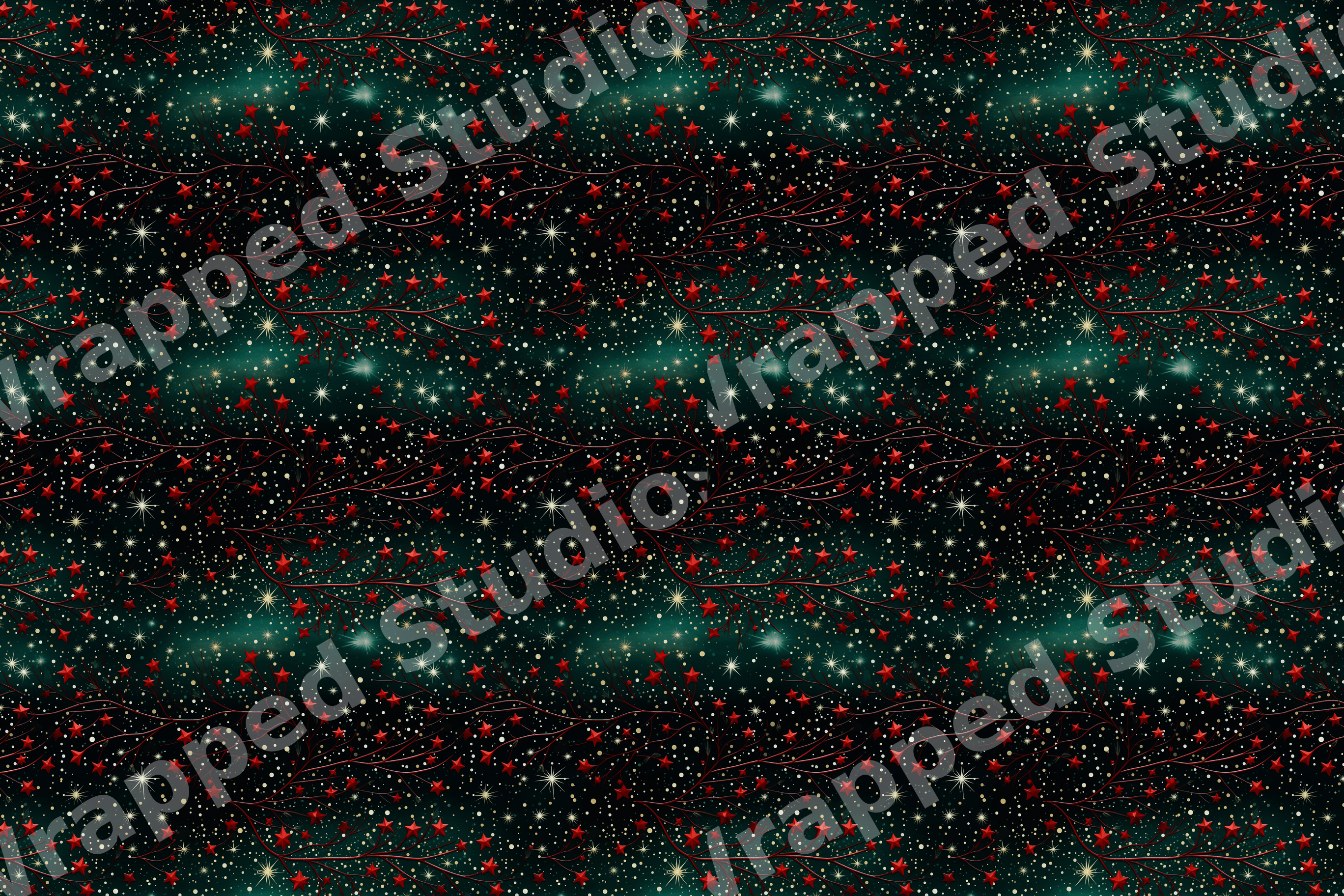 Elegant Christmas pattern with red stars on delicate branches and gold sparkles over a dark green background.