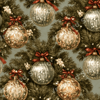 Vintage Christmas ornament pattern featuring elegant gold and silver baubles nestled in green pine branches.