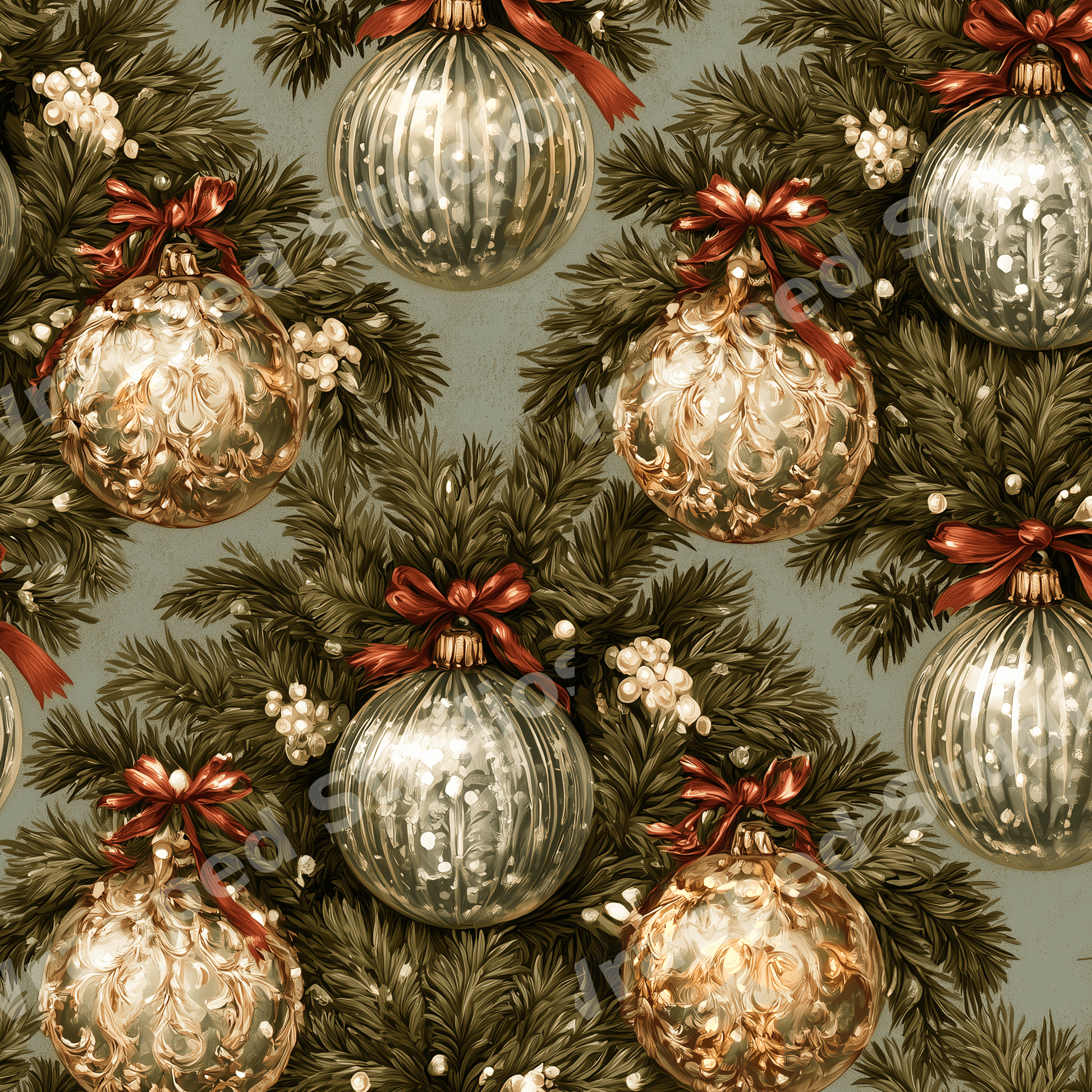 Vintage Christmas ornament pattern featuring elegant gold and silver baubles nestled in green pine branches.