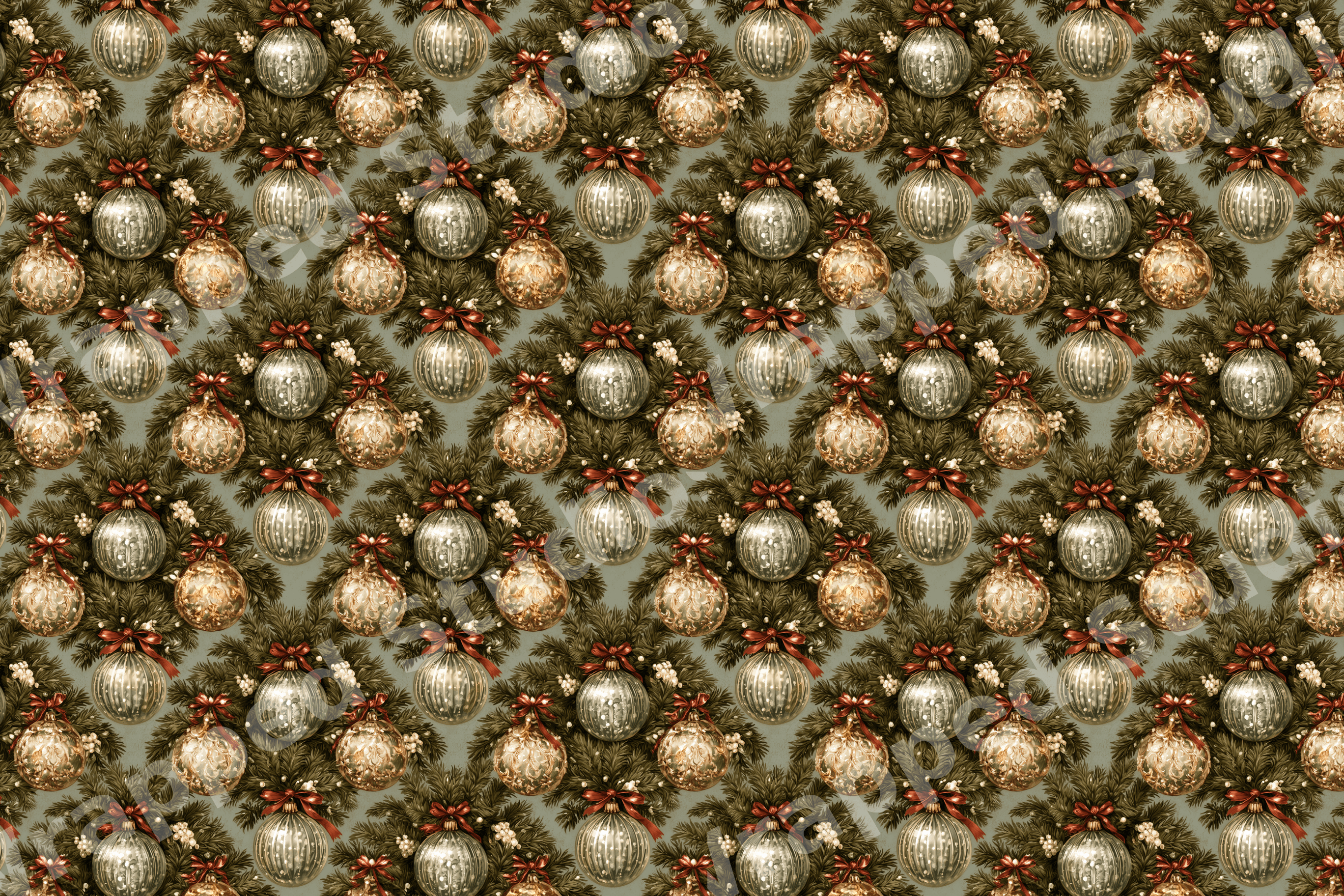 Vintage Christmas pattern with elegant gold ornaments and pine branches on a sage green background.