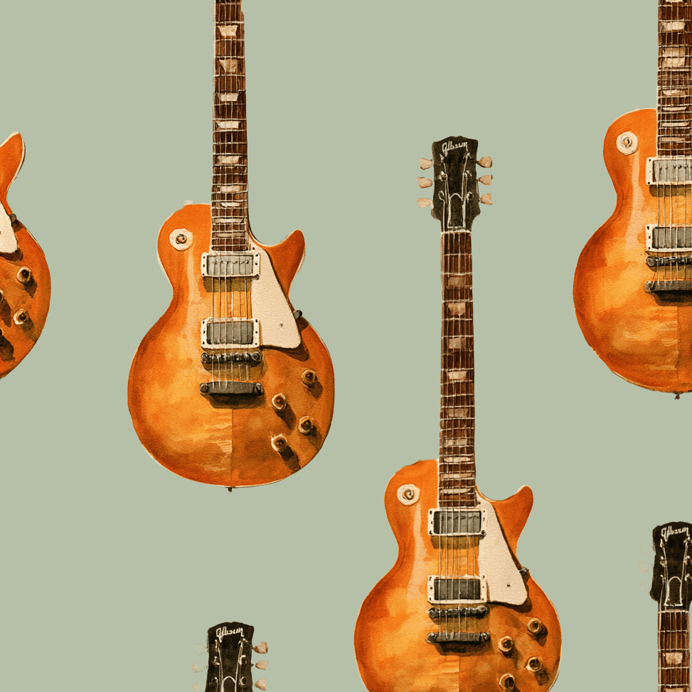 Vintage watercolor electric guitar pattern with orange sunburst guitars on a sage green background.