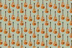 Retro electric guitar pattern featuring vintage sunburst instruments on a sage green background.