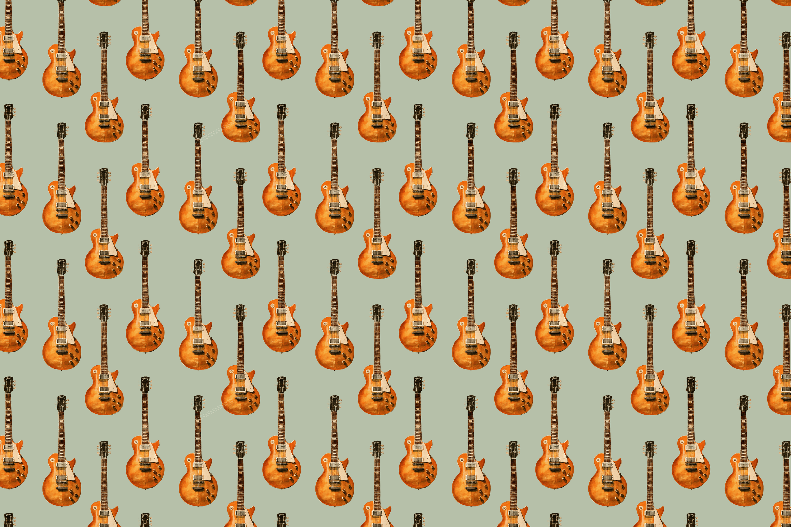 Retro electric guitar pattern featuring vintage sunburst instruments on a sage green background.