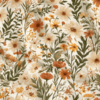 Vintage botanical floral pattern featuring rust orange and cream wildflowers with olive green leaves.