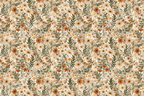 Vintage botanical floral pattern with rust, mustard yellow, and cream wildflowers and olive green leaves.