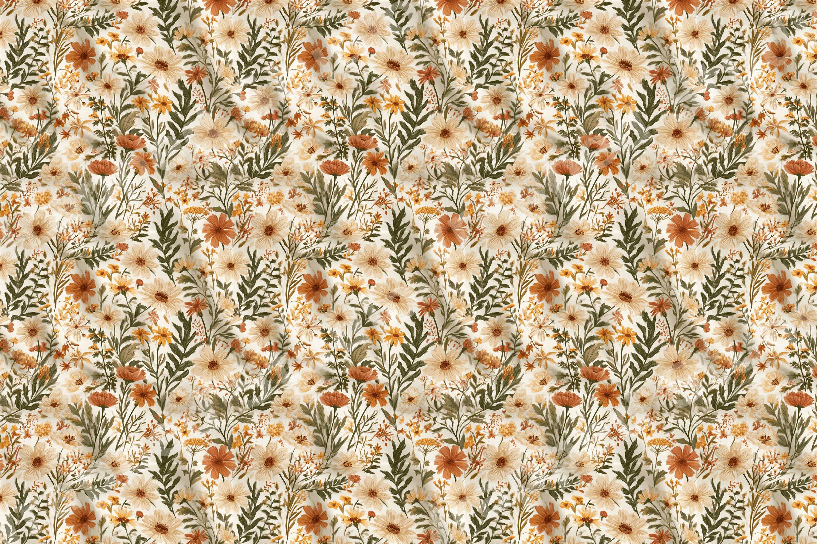 Vintage botanical floral pattern with rust, mustard yellow, and cream wildflowers and olive green leaves.