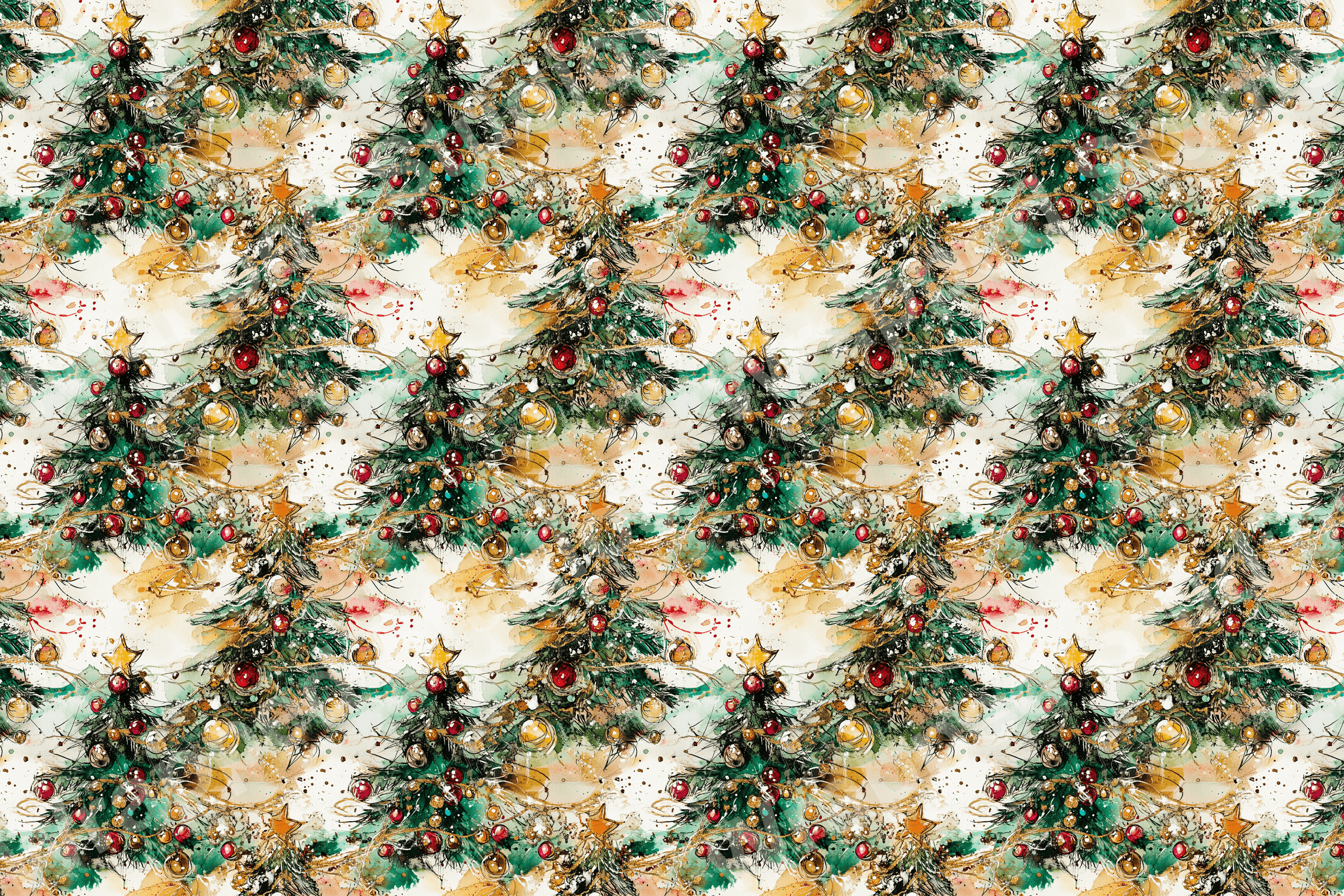 Watercolor Christmas tree pattern with red and gold ornaments and a festive vibe.