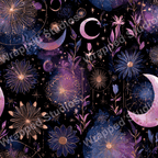 Whimsical floral pattern with crescent moons and stars in gold, pink, and indigo on a black background.
