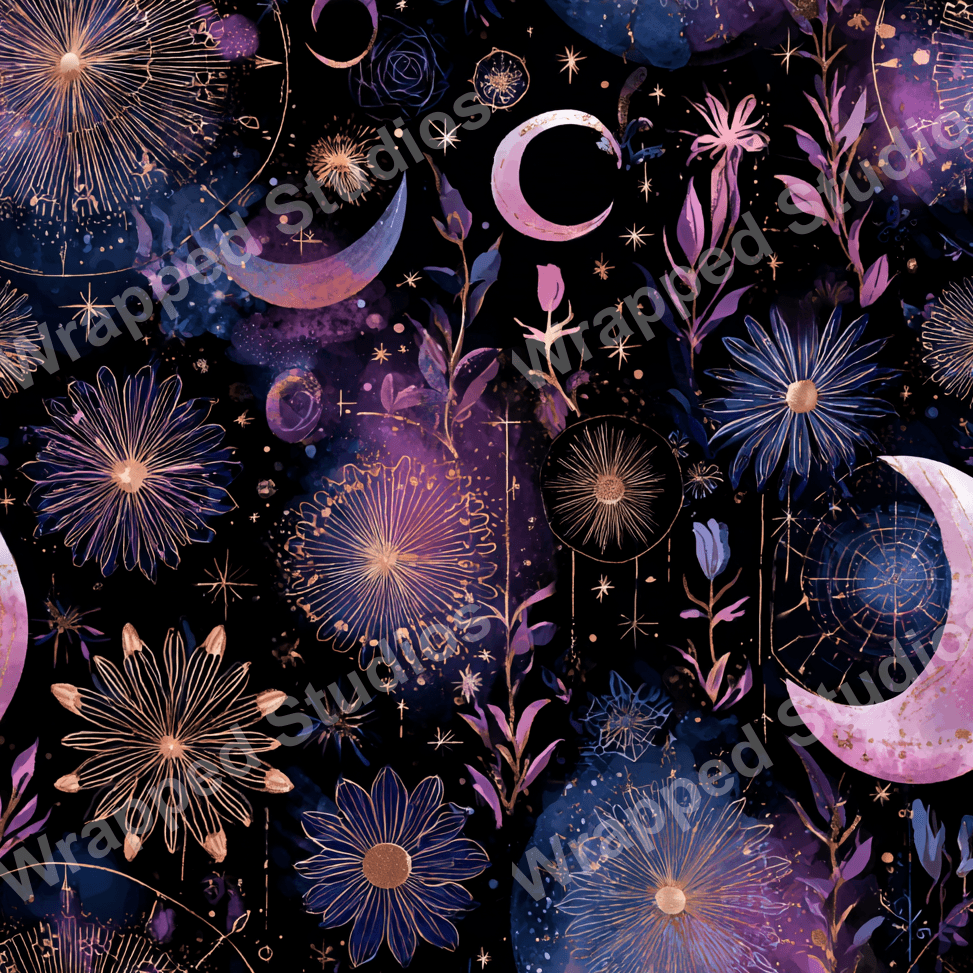 Whimsical floral pattern with crescent moons and stars in gold, pink, and indigo on a black background.