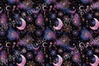 Celestial pattern with moons, stars, flowers, and gold line art on a dark blue and purple watercolor background.